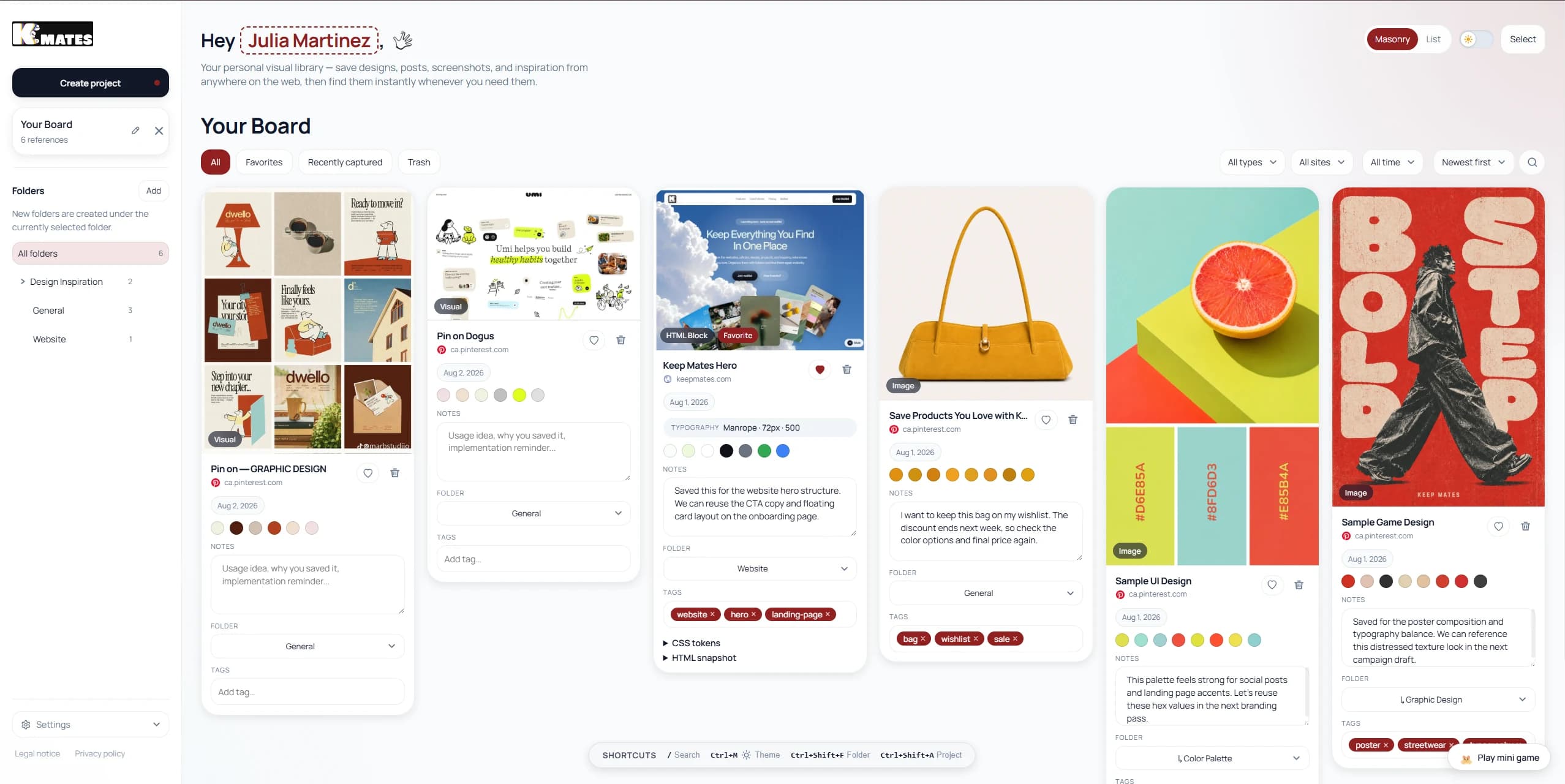 Keep Mates visual bookmarking dashboard with saved website screenshots, color palettes, and project folders