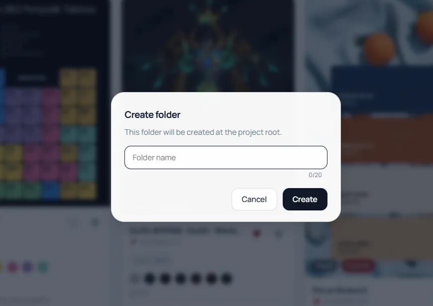 Keep Mates create folder modal showing a folder name field and project root creation message