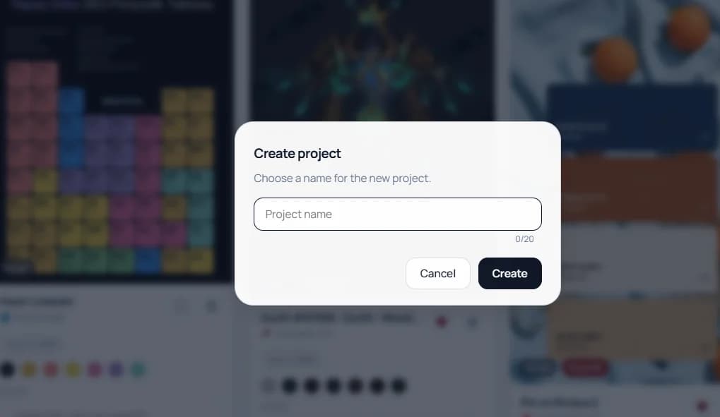 Keep Mates create project modal with a project name field for creating a new board