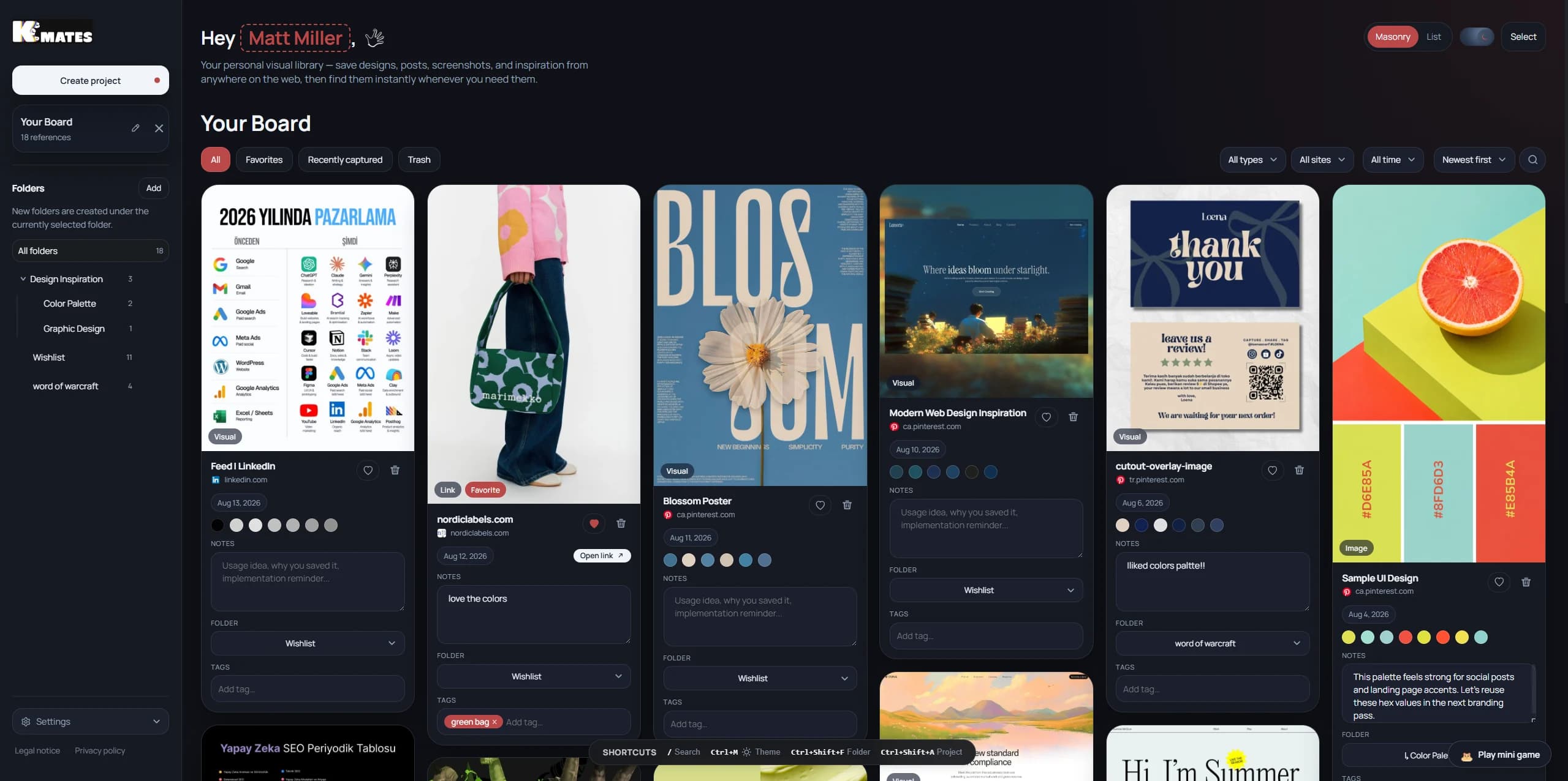 Keep Mates board interface in dark mode with saved visual references and filters