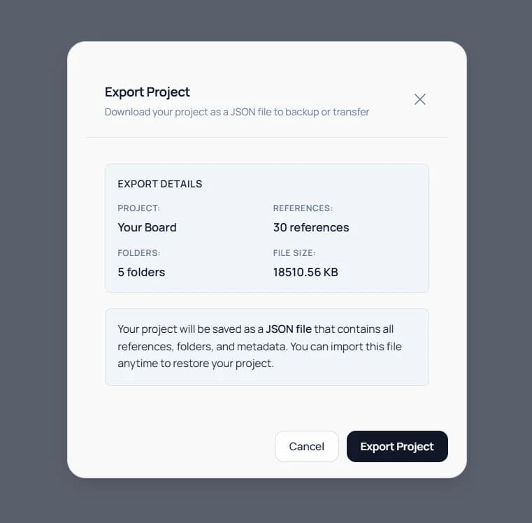 Keep Mates export project modal showing JSON backup details for references folders and file size