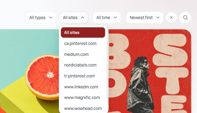 Keep Mates filter bar with the site filter menu open showing saved source domains