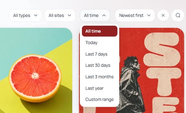 Keep Mates filter bar with the time filter menu open showing date range options