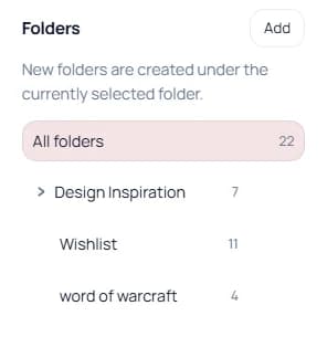 Keep Mates folder sidebar showing a parent folder with nested subfolders and saved reference counts