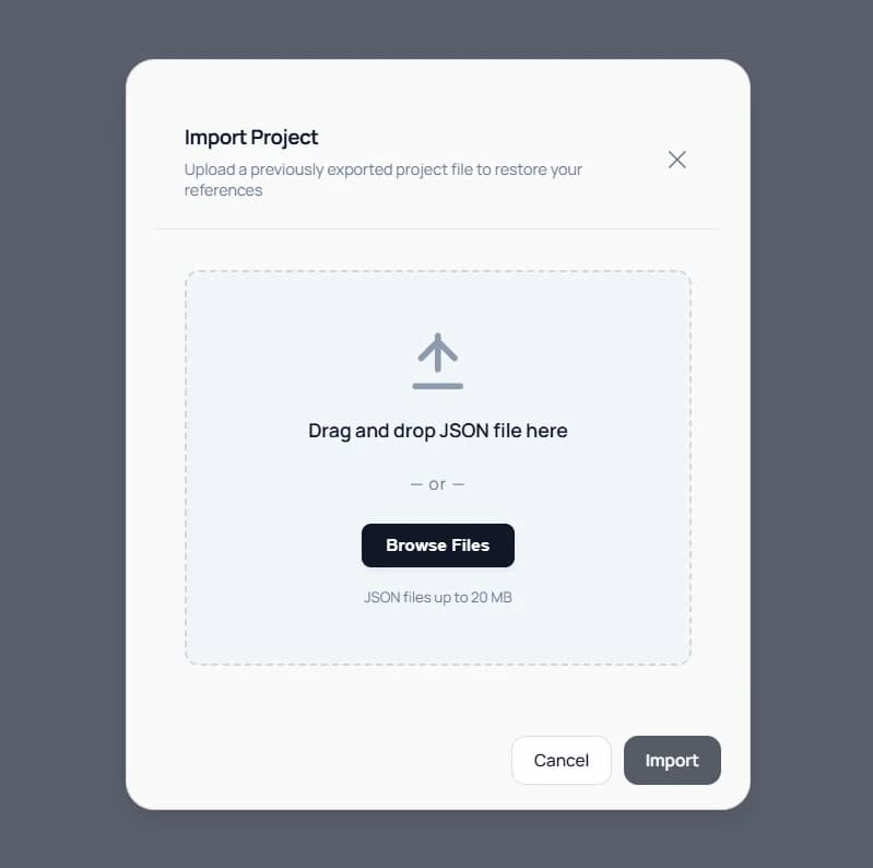 Keep Mates import project modal showing JSON file upload and browse files actions