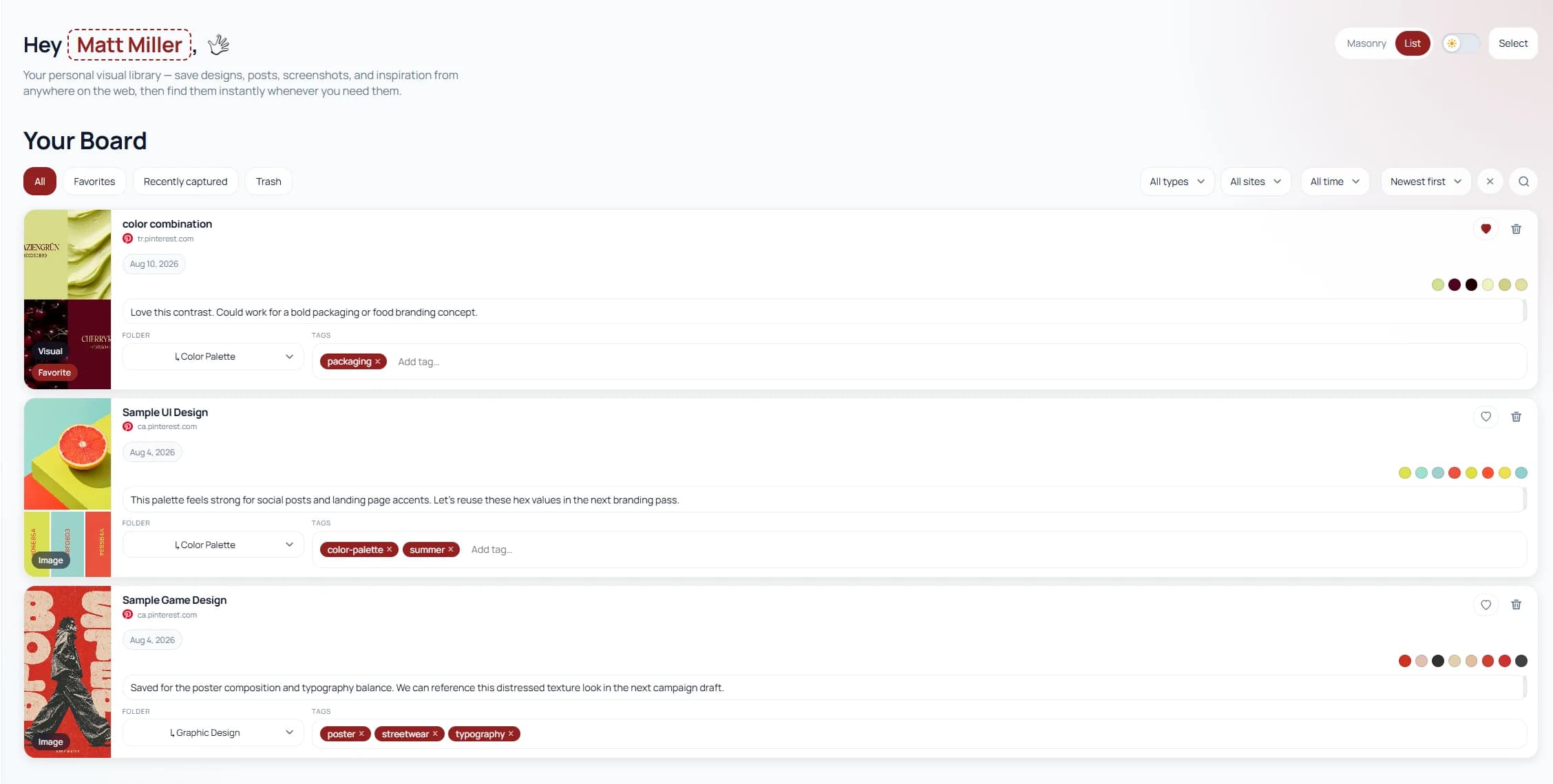 Keep Mates board showing the list view layout toggle next to the masonry option