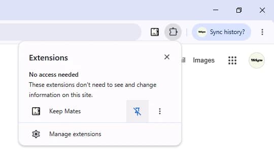 Chrome extensions menu showing Keep Mates with the pin option for keeping the extension visible in the toolbar