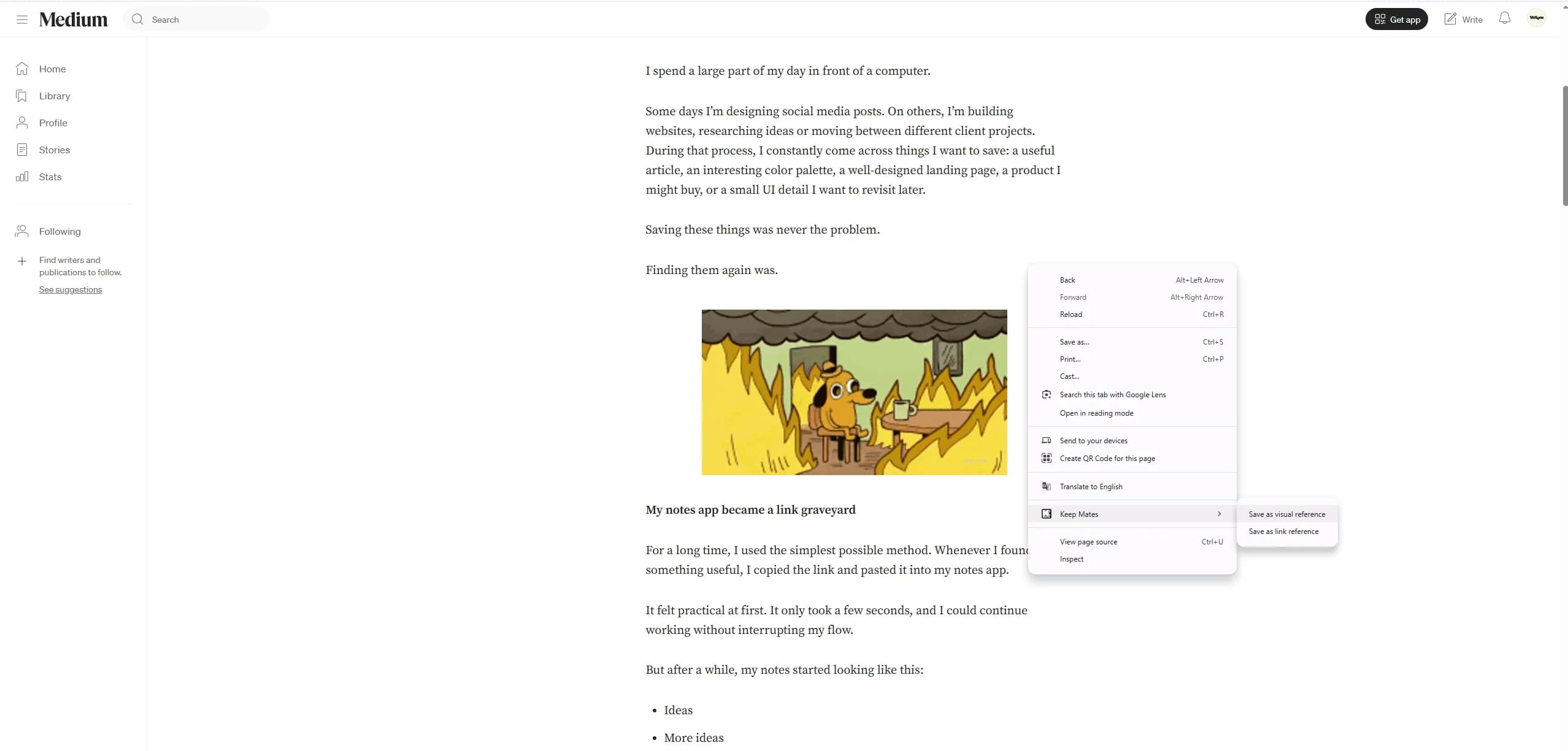 Keep Mates Chrome right-click menu saving a Medium article as a link or visual reference