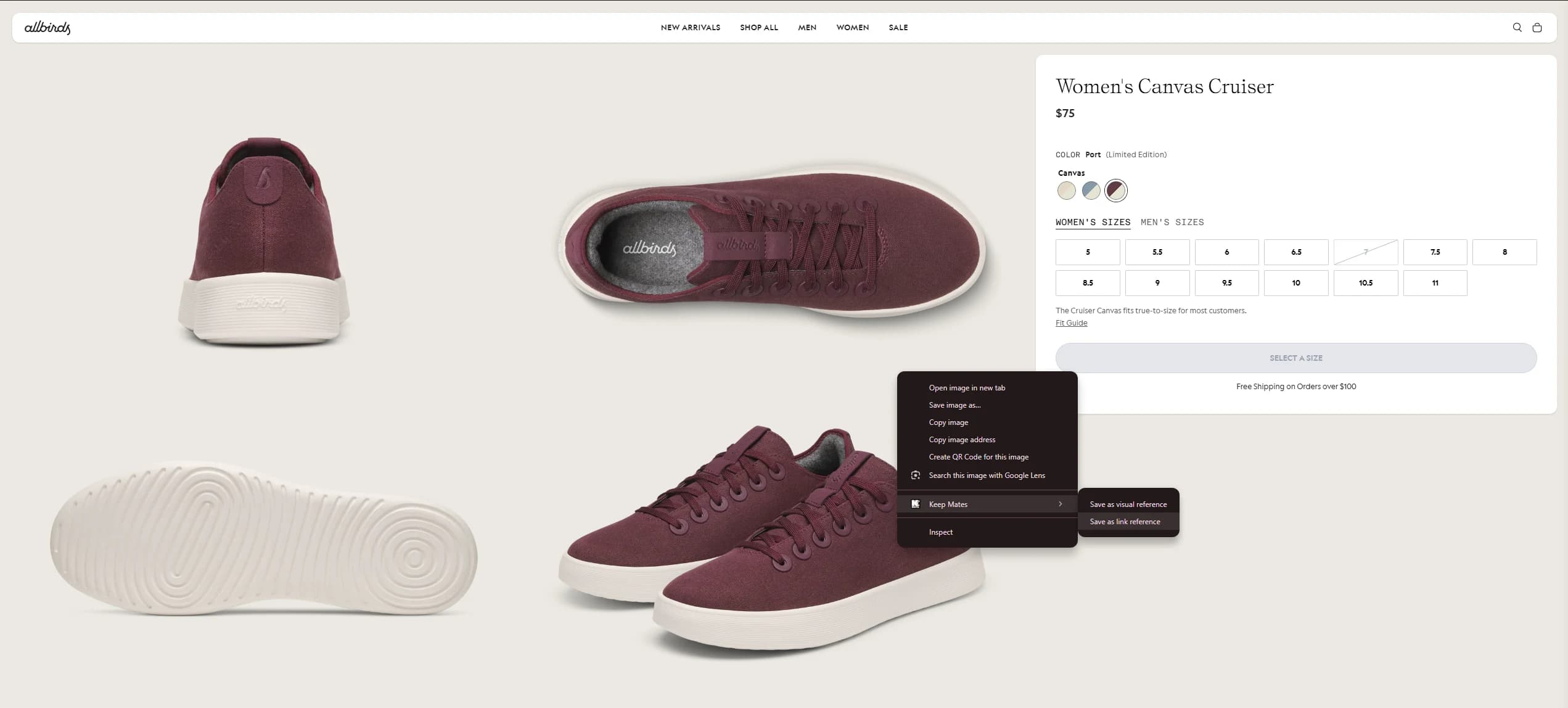 Keep Mates Chrome right-click menu saving a product page as a link reference from the browser context menu