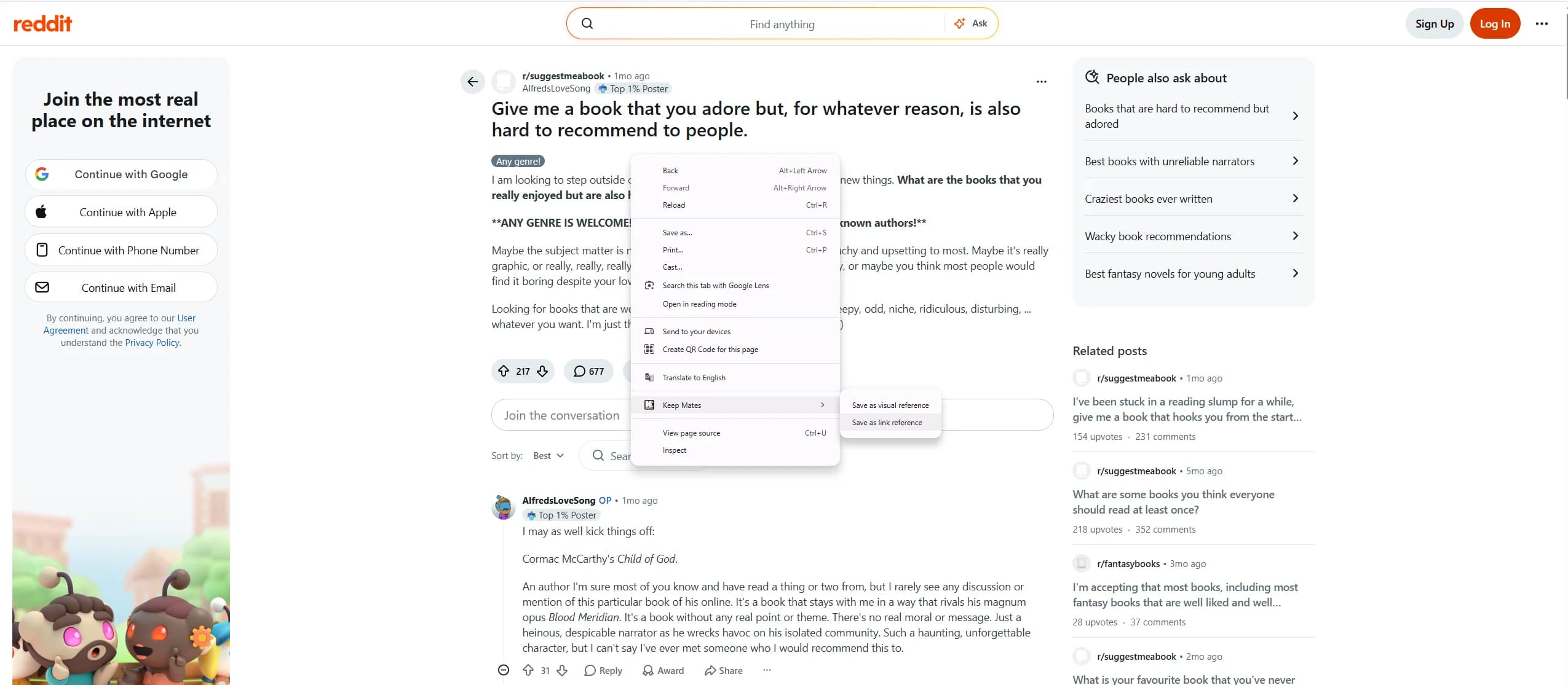 Keep Mates Chrome right-click menu saving a Reddit post as a link or visual reference