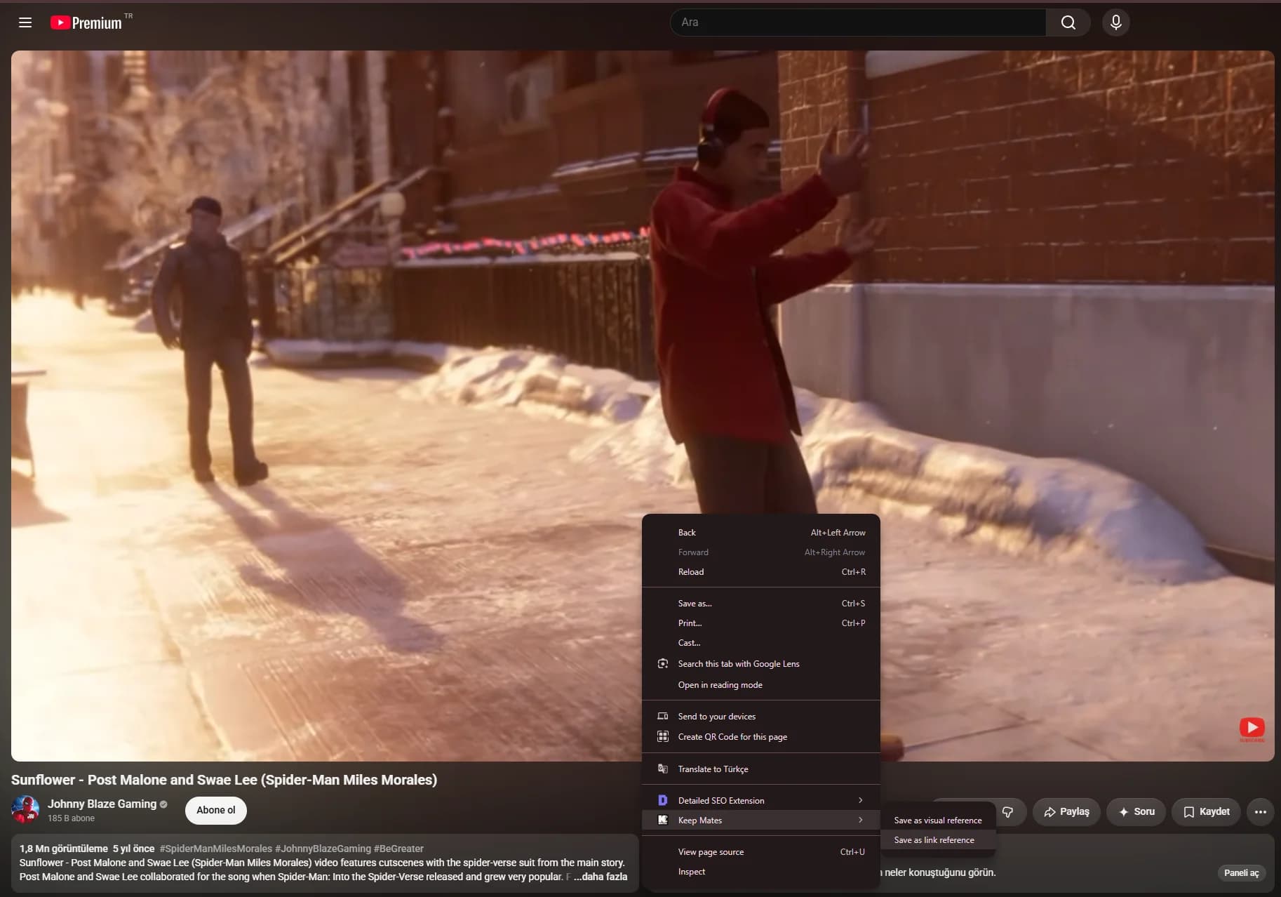 Keep Mates Chrome right-click menu saving a YouTube video page as a visual or link reference