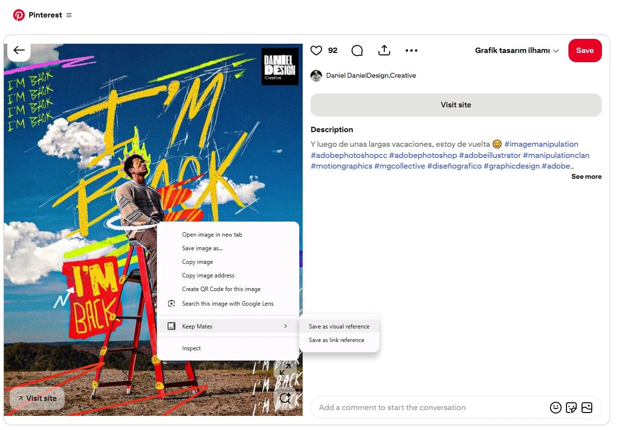 Keep Mates Chrome right-click menu saving a Pinterest image as a visual reference