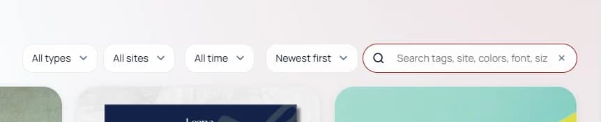 Keep Mates search bar showing example search terms for tags sites colors and fonts