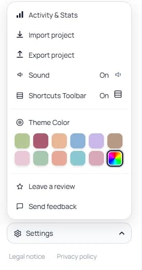 Keep Mates settings panel showing theme color options and interface preferences