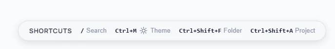 Keep Mates shortcuts bar showing keyboard shortcuts for search theme folder and project actions