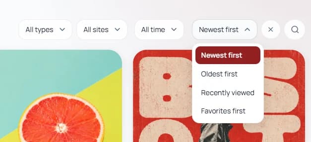 Keep Mates sort filter menu showing newest first oldest first recently viewed and favorites first
