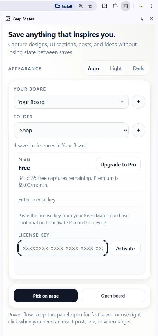 Keep Mates side panel showing Free plan, Upgrade to Pro button, and license key entry area