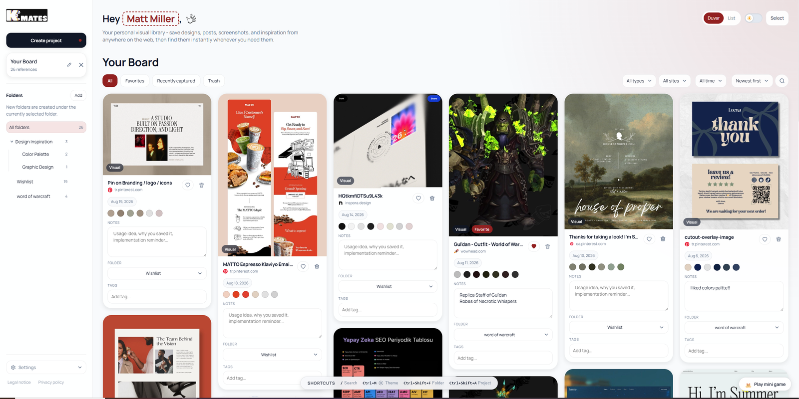 Keep Mates screenshot 110: visual library dashboard with saved web references, folders, and project boards