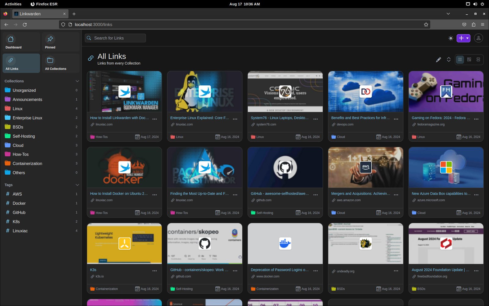 Linkwarden install 05 screenshot: all-links dashboard with collections, tags, and archived pages