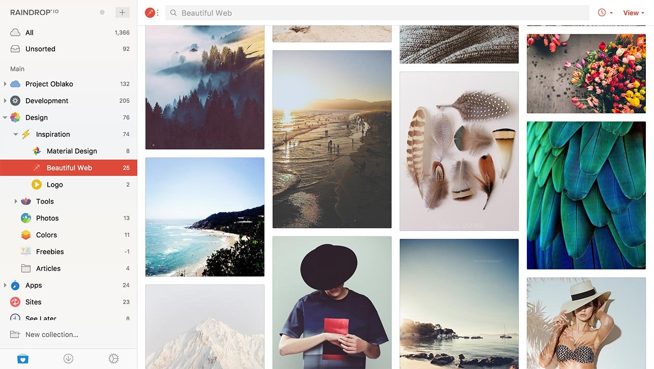 Raindrop screenshot e362c4f5: visual bookmark board with image cards and collections