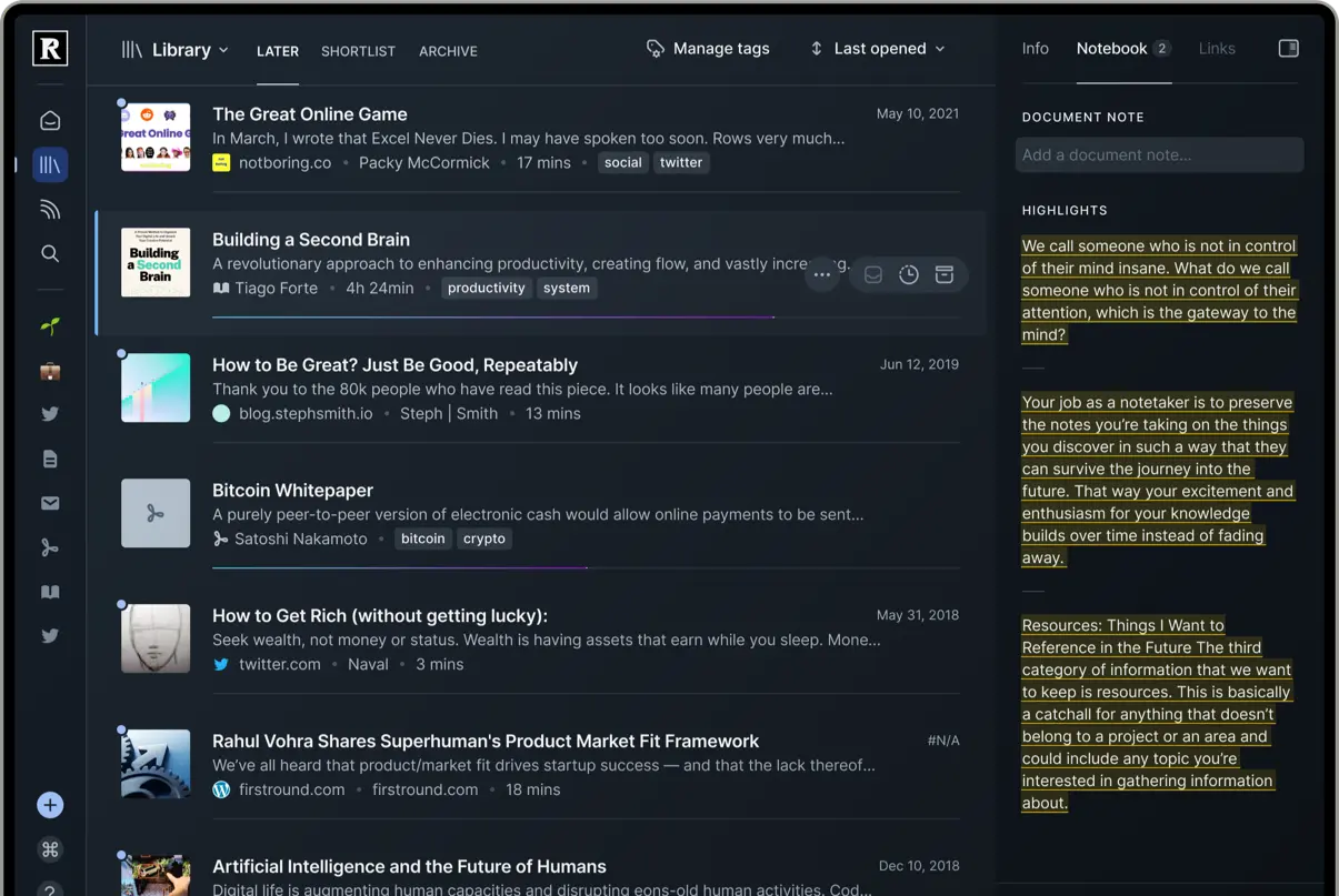 Readwise Reader Hero Screen 1x: library of saved articles with highlights and document notes