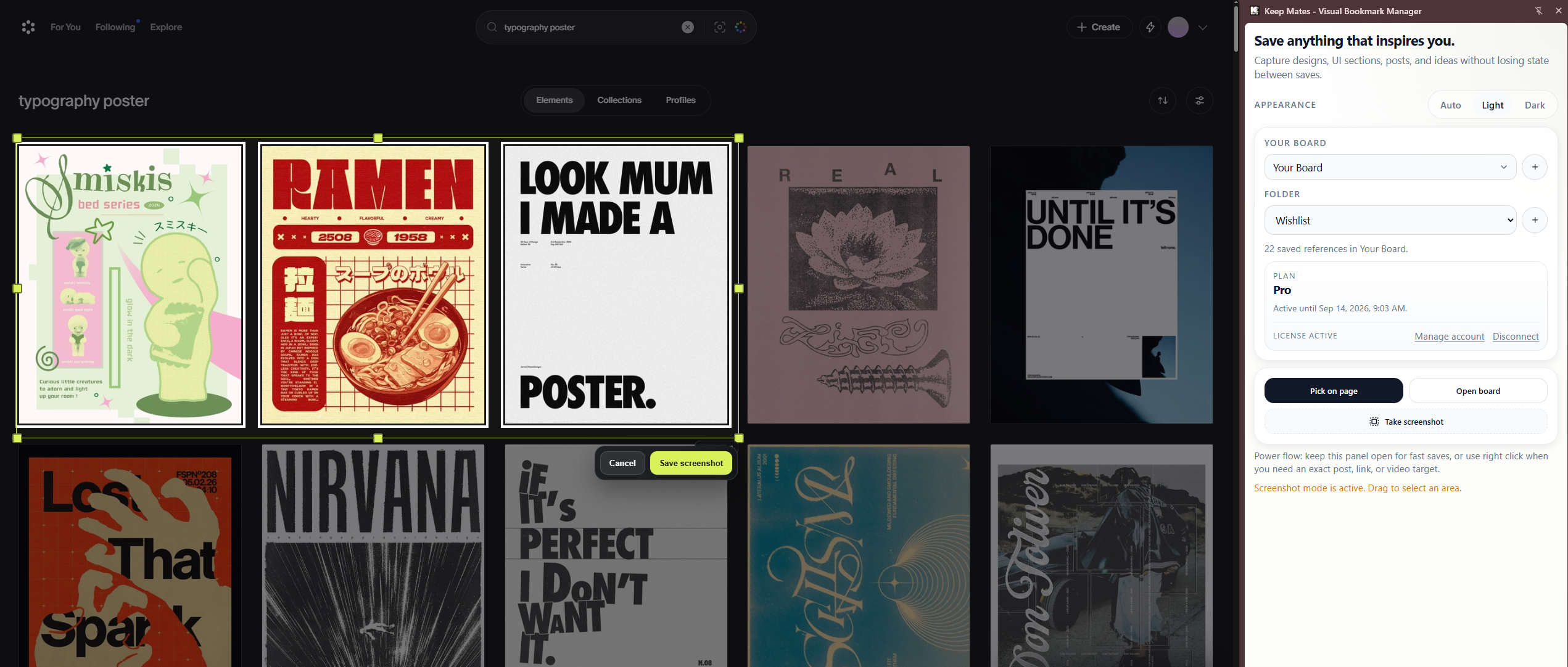 Keep Mates screenshot mode selecting a visual area on a page and showing the Save screenshot action